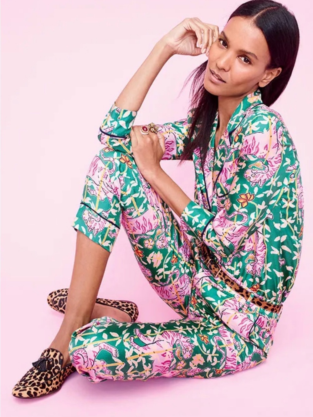 Green & Pink Floral Silk Satin Tiger Blouse